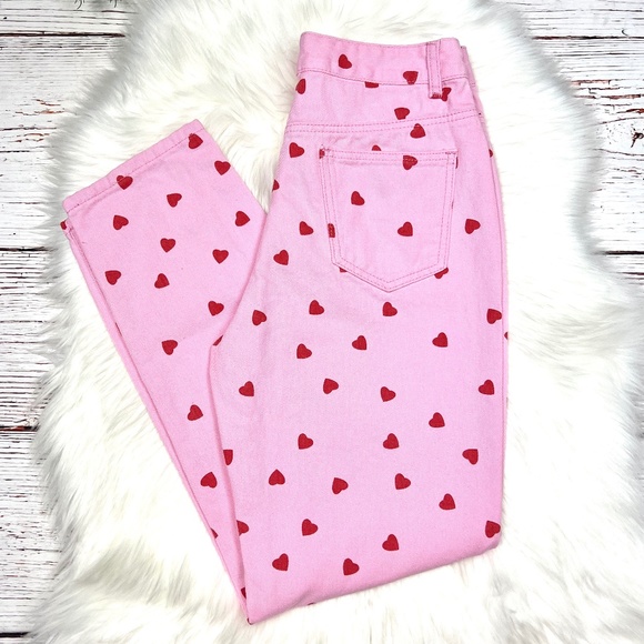 SHEIN Denim - |•SHEIN•| Happy Pink & Red Heart Tapered Leg Jeans